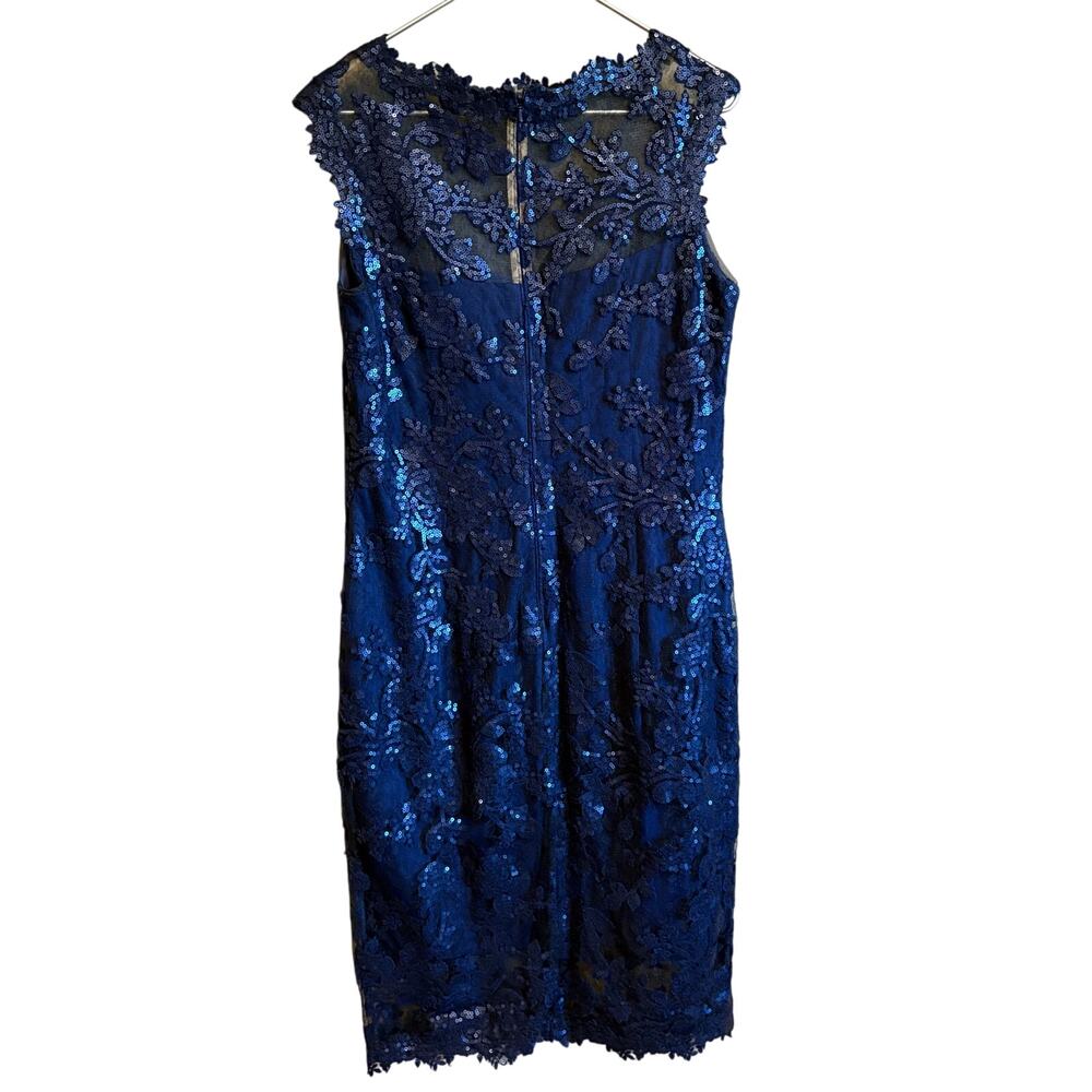 Tadashi Shoji Sequin Lace Sheath Cocktail Dress Navy Blue Size 14
